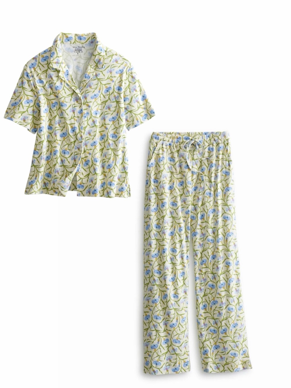 Vera Bradley Cream Floral Button-Front Pajama Set with Blue & Green Print